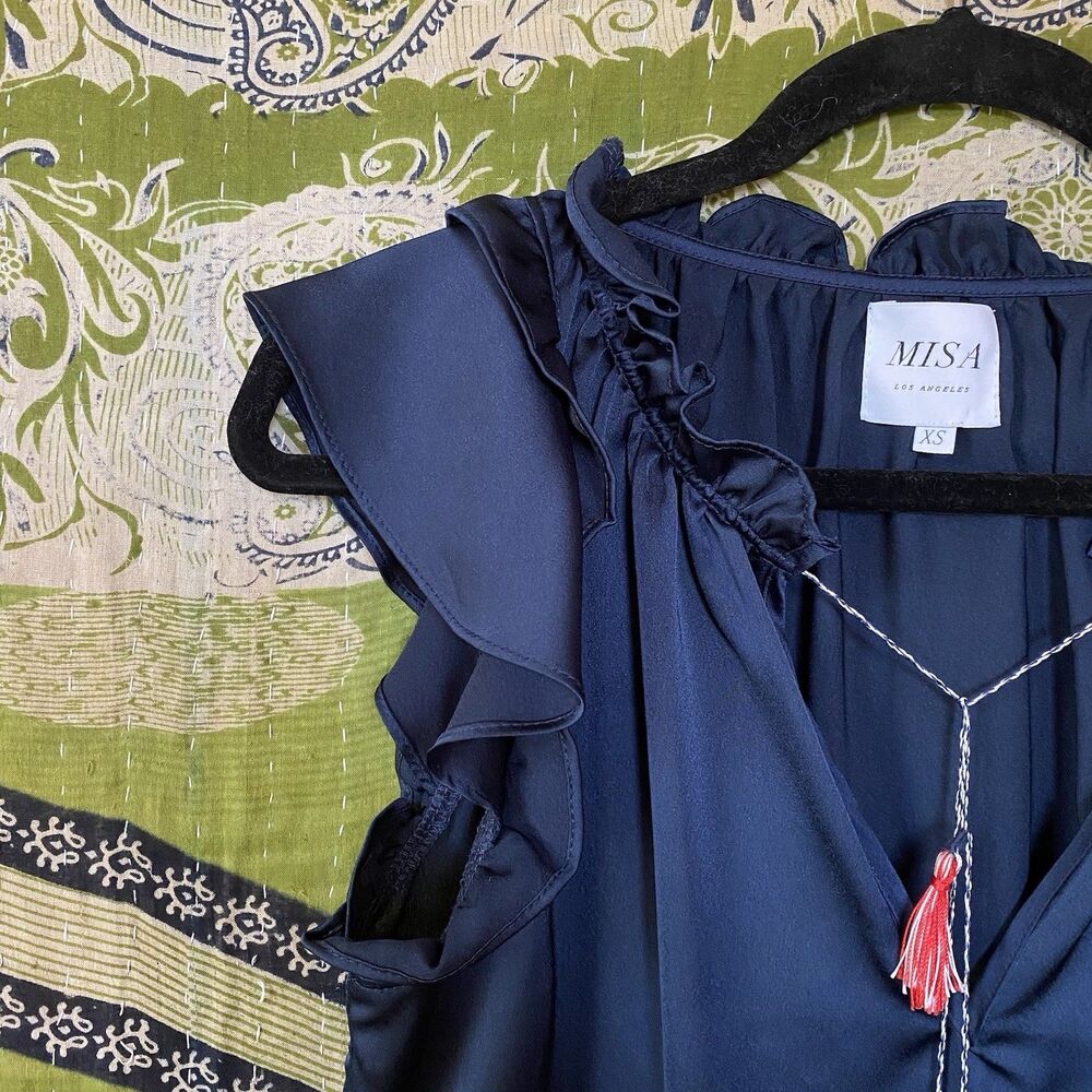 NWOT Misa Blue Fleur Pom Pom Sleeveless V-Neck Satin Blouse Size Extra Small - Picture 4 of 15